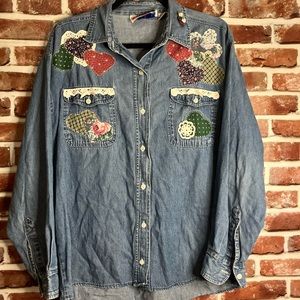 Vintage Denim Heart Patchwork Longsleeve Button Up By Amrav size Large